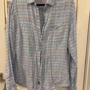 Faherty Light Blue and Soft Pink Plaid linen Shirt, size large